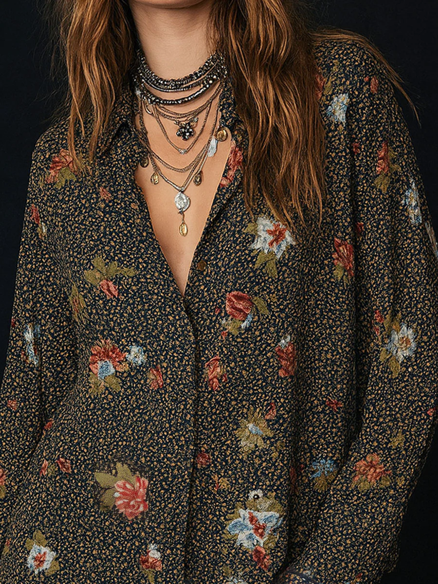 Retro Floral Print Curved Hem Ruffled Sleeves Blouse - Image 3