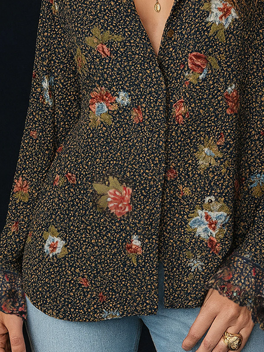Retro Floral Print Curved Hem Ruffled Sleeves Blouse - Image 4