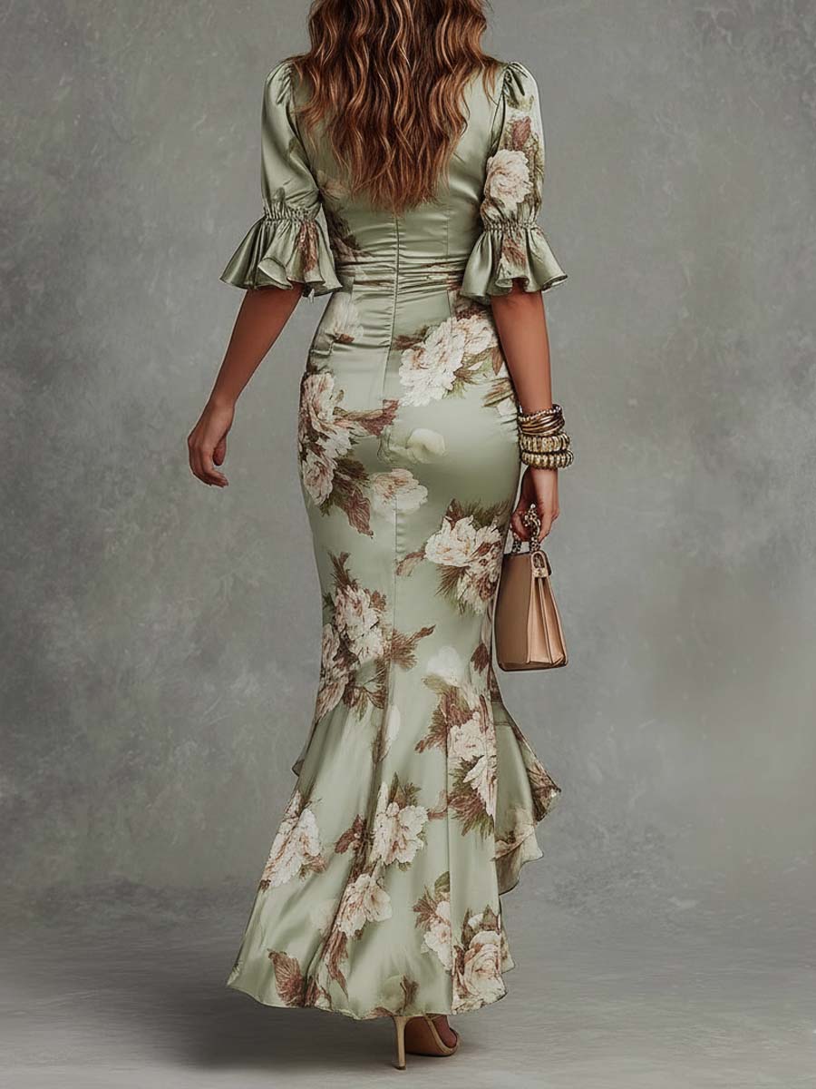 Retro Floral Ruched V-Neck Maxi Dress - Image 2