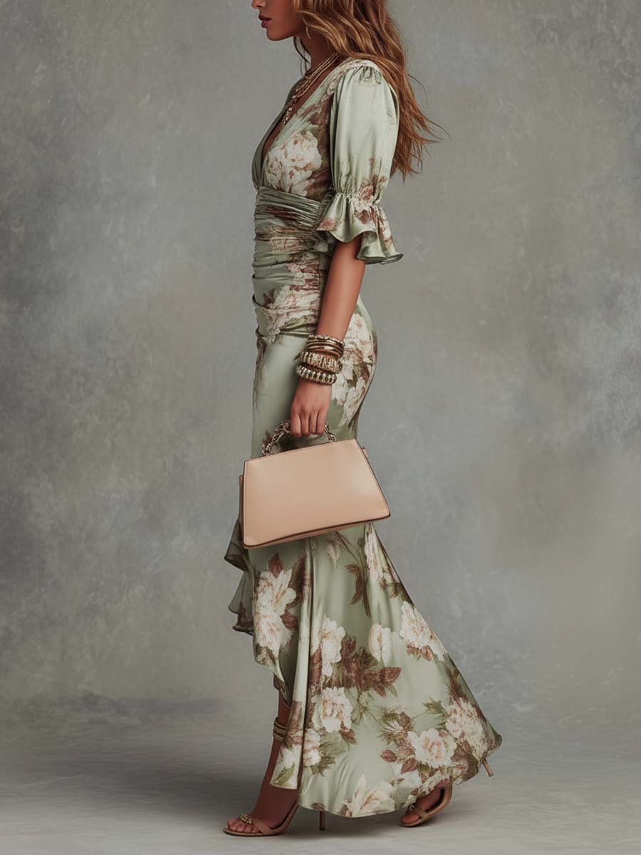Retro Floral Ruched V-Neck Maxi Dress - Image 3
