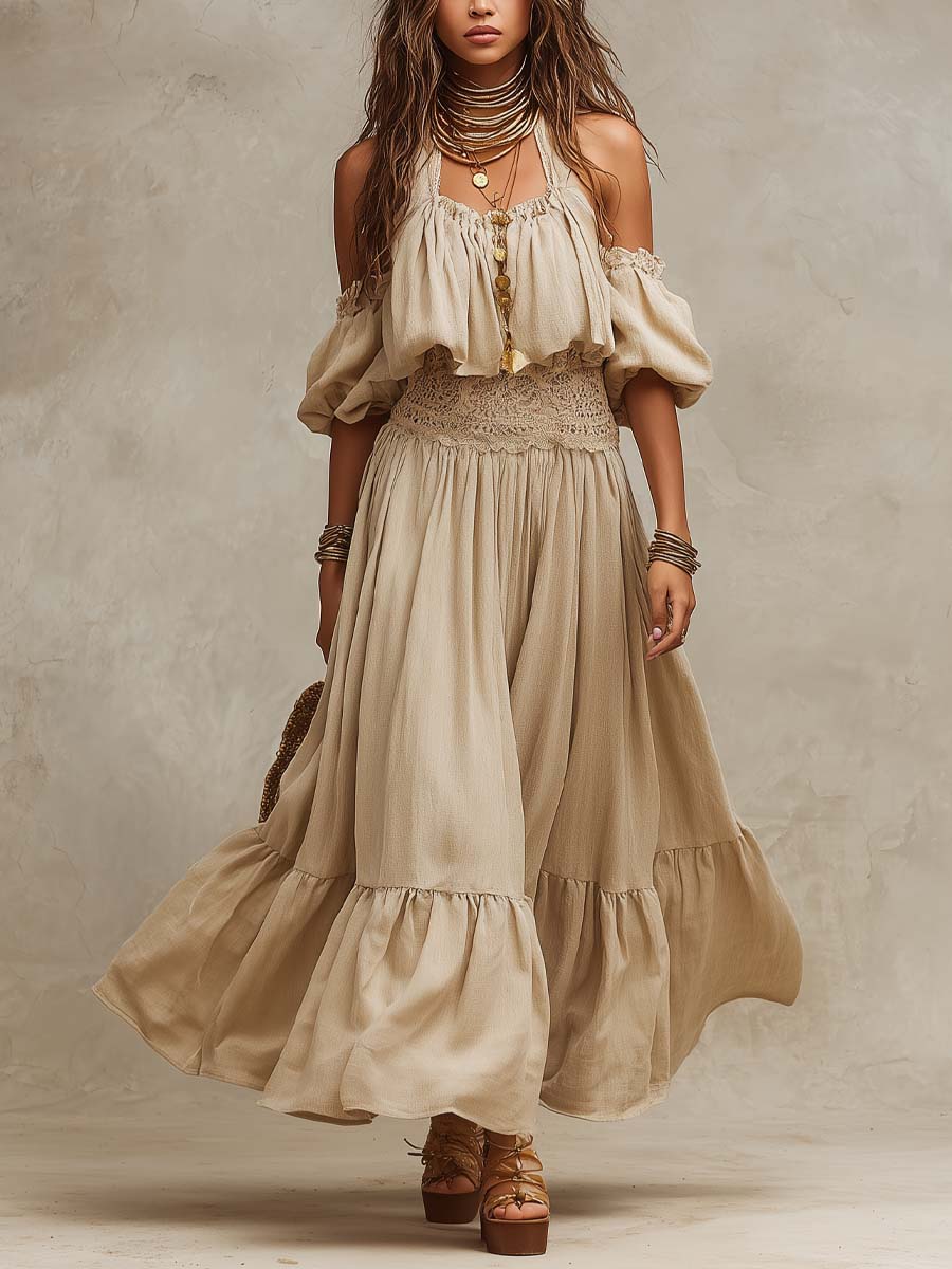 Retro Halter-Neck Off-Shoulder Cotton-Linen Two-Piece Set