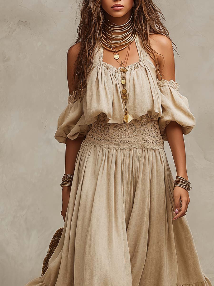 Retro Halter-Neck Off-Shoulder Cotton-Linen Two-Piece Set - Image 2