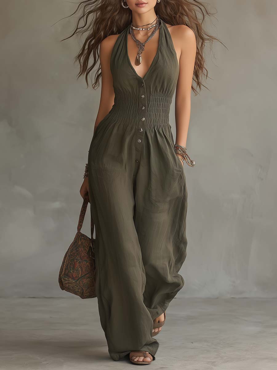 Retro Halter-Neck Smocked Waist Cotton-Linen Jumpsuit