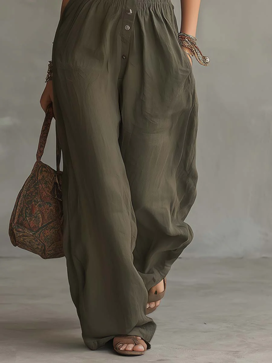 Retro Halter-Neck Smocked Waist Cotton-Linen Jumpsuit - Image 2