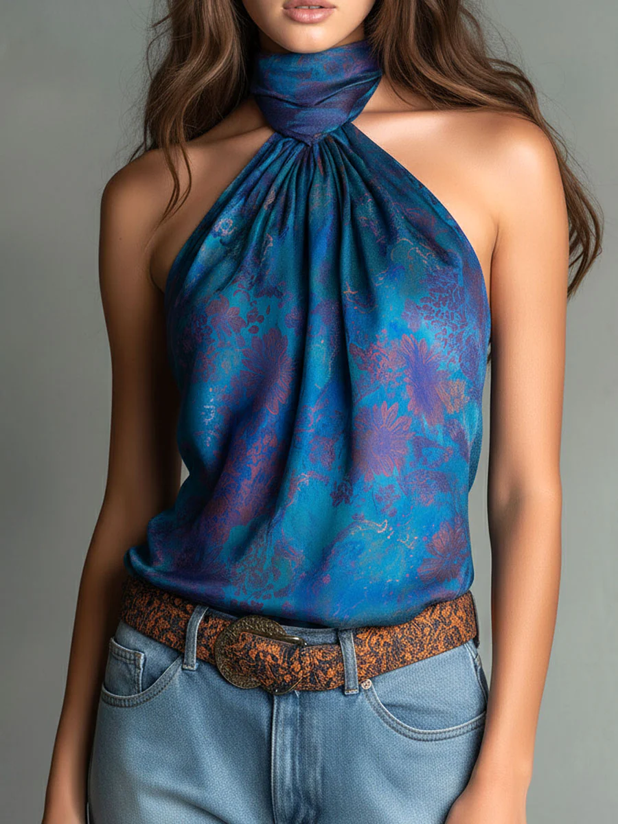 Retro High-Neck Floral Print Teal Satin Halter Scarf  Blouse - Image 3