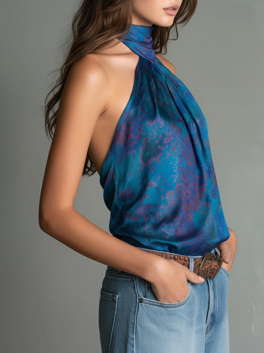 Retro High-Neck Floral Print Teal Satin Halter Scarf  Blouse - Image 4