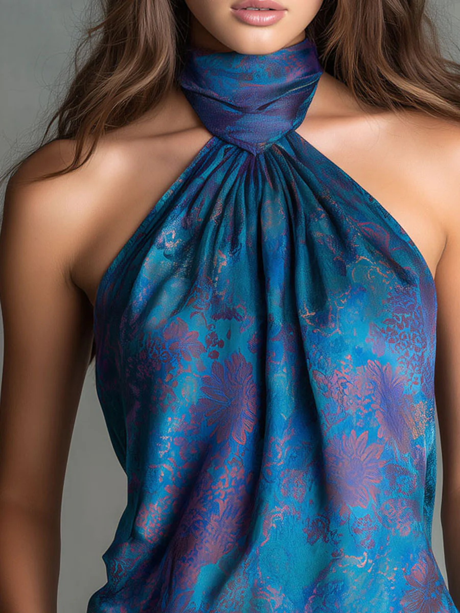 Retro High-Neck Floral Print Teal Satin Halter Scarf  Blouse - Image 7