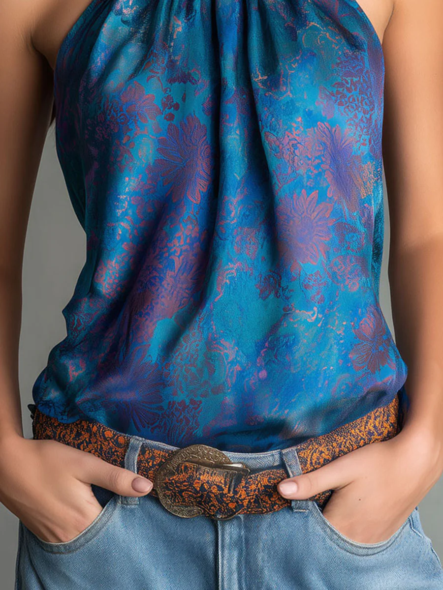 Retro High-Neck Floral Print Teal Satin Halter Scarf  Blouse - Image 8