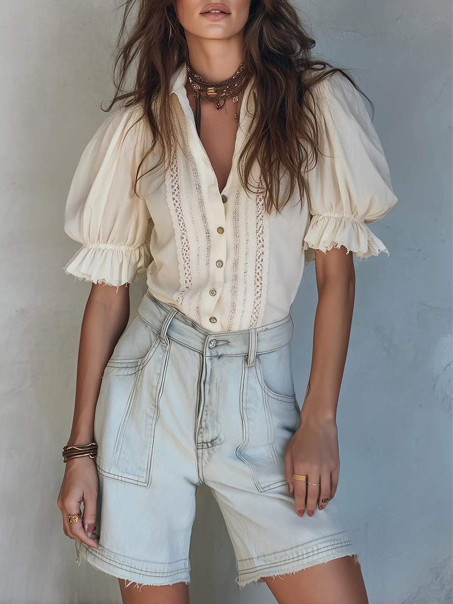 Retro High-Waisted Washed Denim Shorts - Image 2