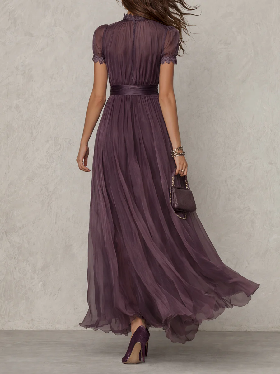 Retro Keyhole Collar Chiffon Maxi Dress With Lace - Image 3