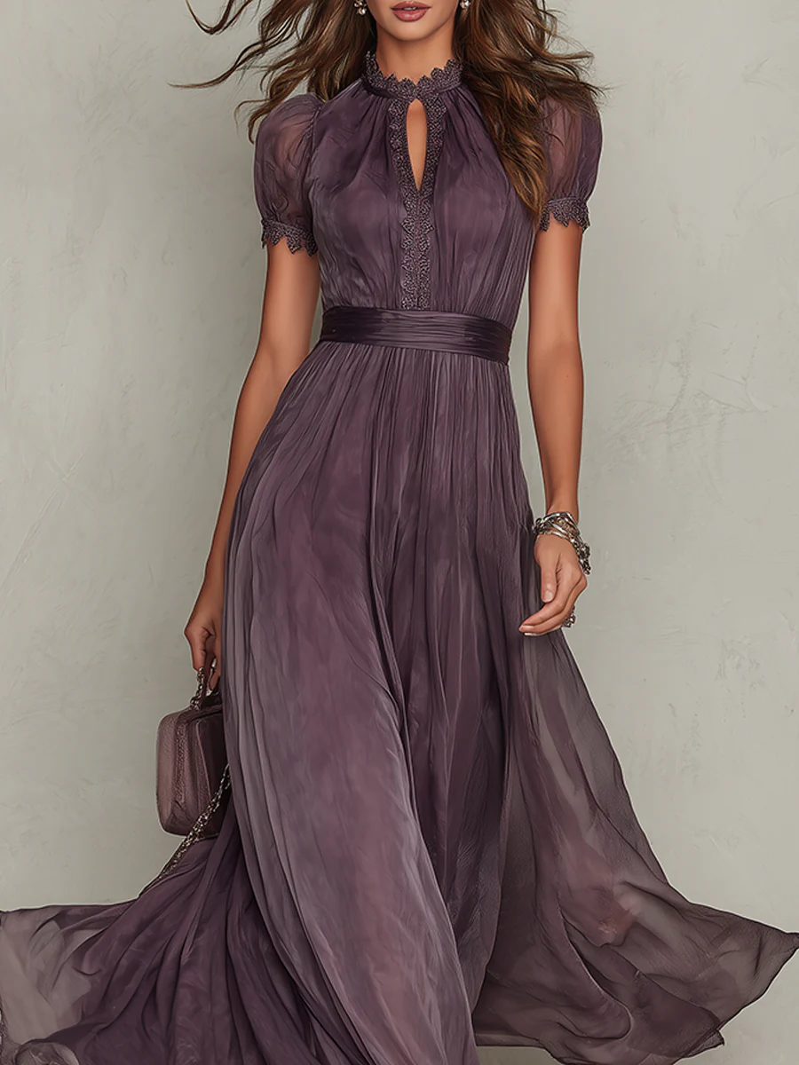Retro Keyhole Collar Chiffon Maxi Dress With Lace - Image 5