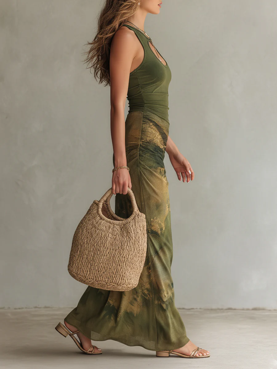 Retro Keyhole-Neck Oil Painting Print Maxi Dress - Image 2
