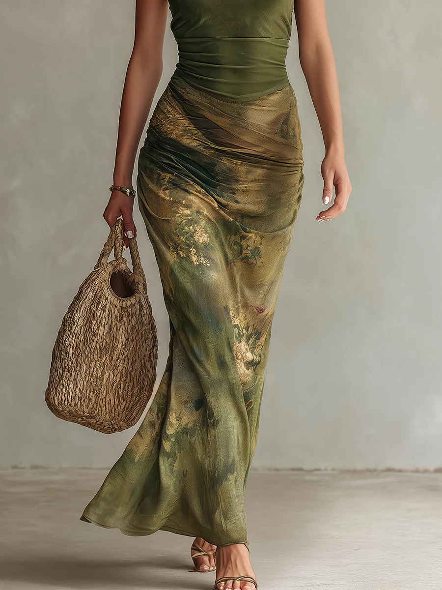 Retro Keyhole-Neck Oil Painting Print Maxi Dress - Image 4