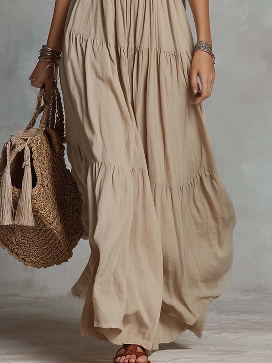 Retro Lace-Collar Cotton-Linen Maxi Dress - Image 3