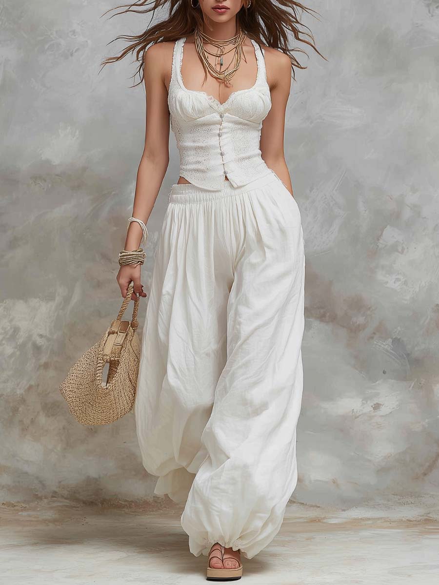 Retro Lace Corset Lantern Pants Two-Piece Set