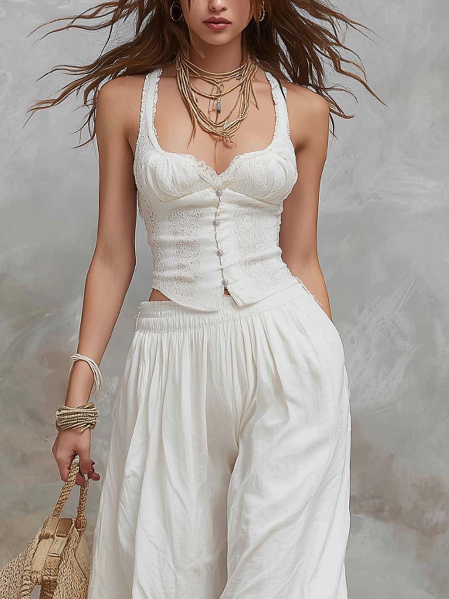 Retro Lace Corset Lantern Pants Two-Piece Set - Image 2