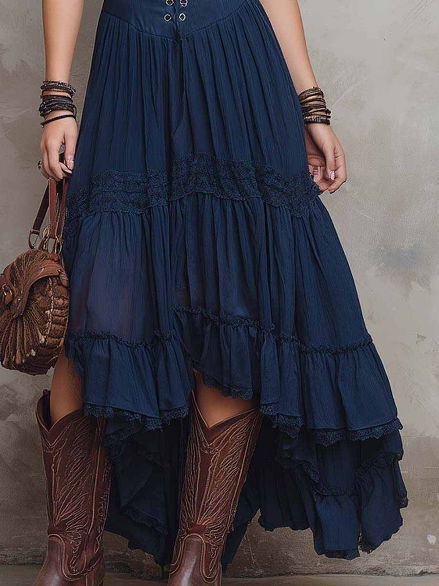 Retro Lace Trim Corset Pleated Chiffon Midi Dress - Image 3