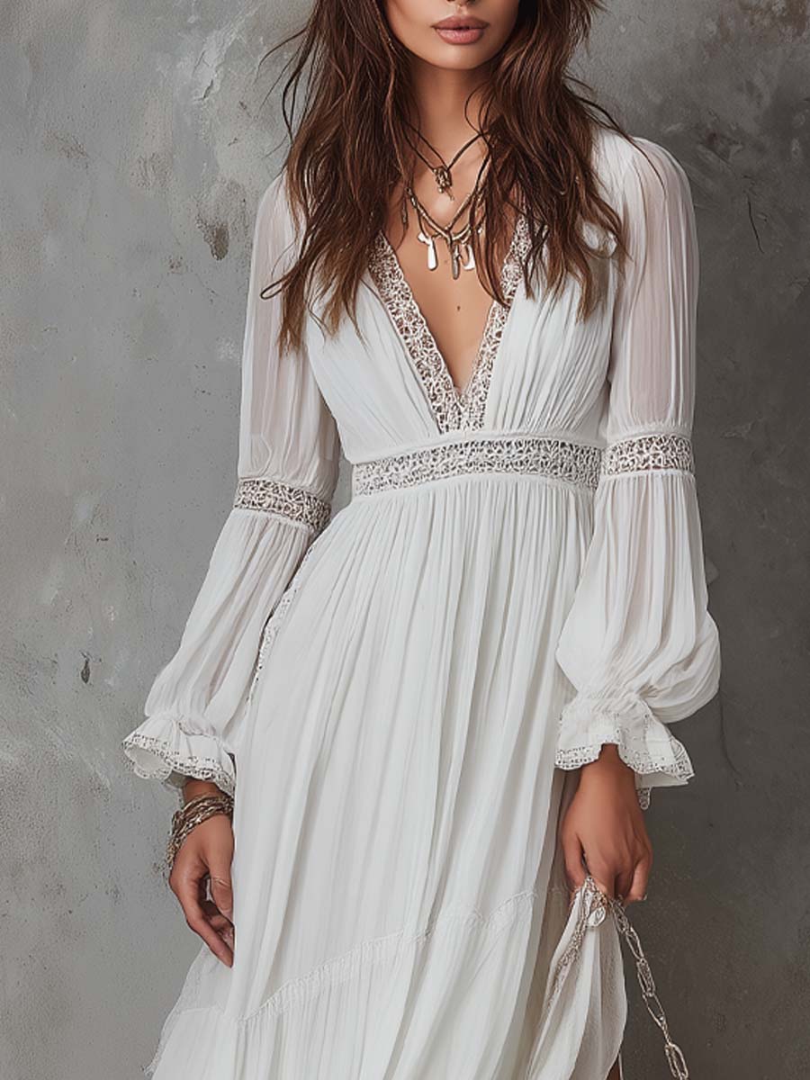 Retro Lace-Trim Slit Hem Chiffon Midi Dress - Image 2
