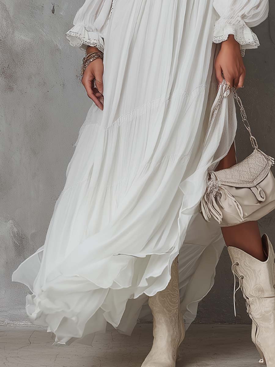 Retro Lace-Trim Slit Hem Chiffon Midi Dress - Image 3