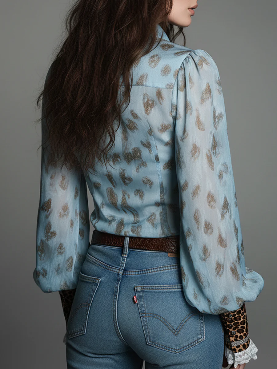 Retro Leopard Print Fitted Blouse With Lace Trim - Image 3