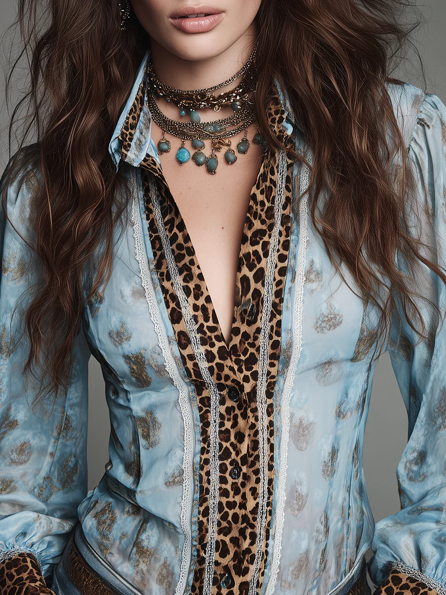 Retro Leopard Print Fitted Blouse With Lace Trim - Image 4