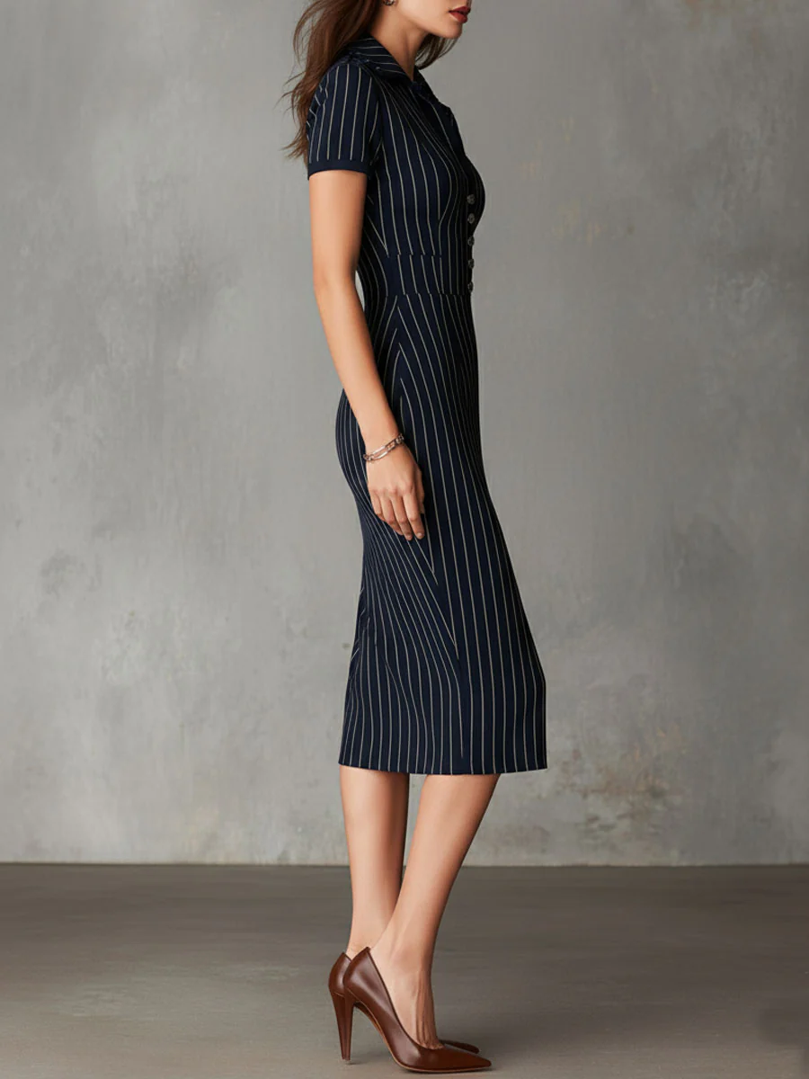 Retro Navy Pinstripe Short-Sleeve Collared Sheath Midi Dress - Image 5