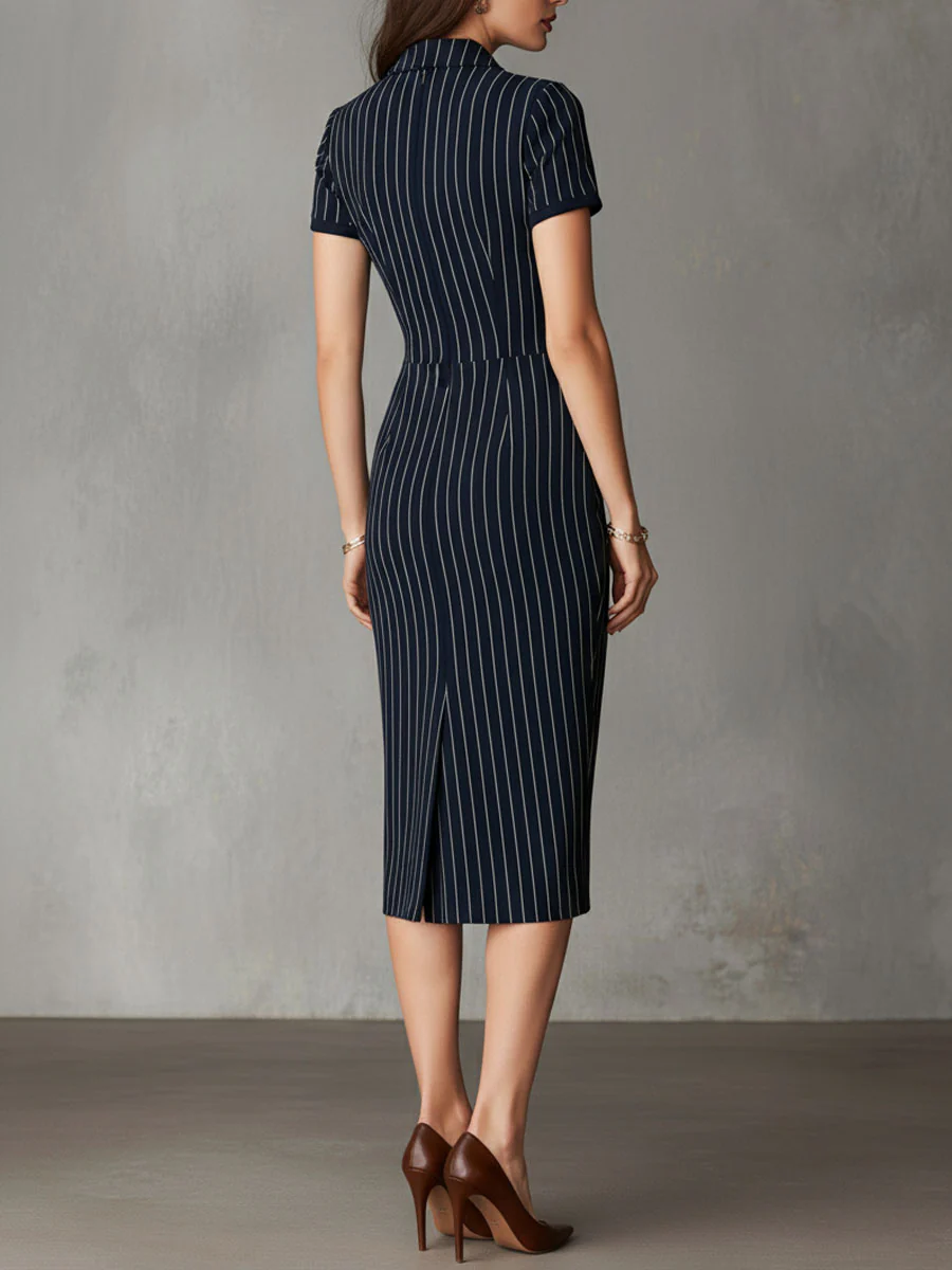 Retro Navy Pinstripe Short-Sleeve Collared Sheath Midi Dress - Image 6
