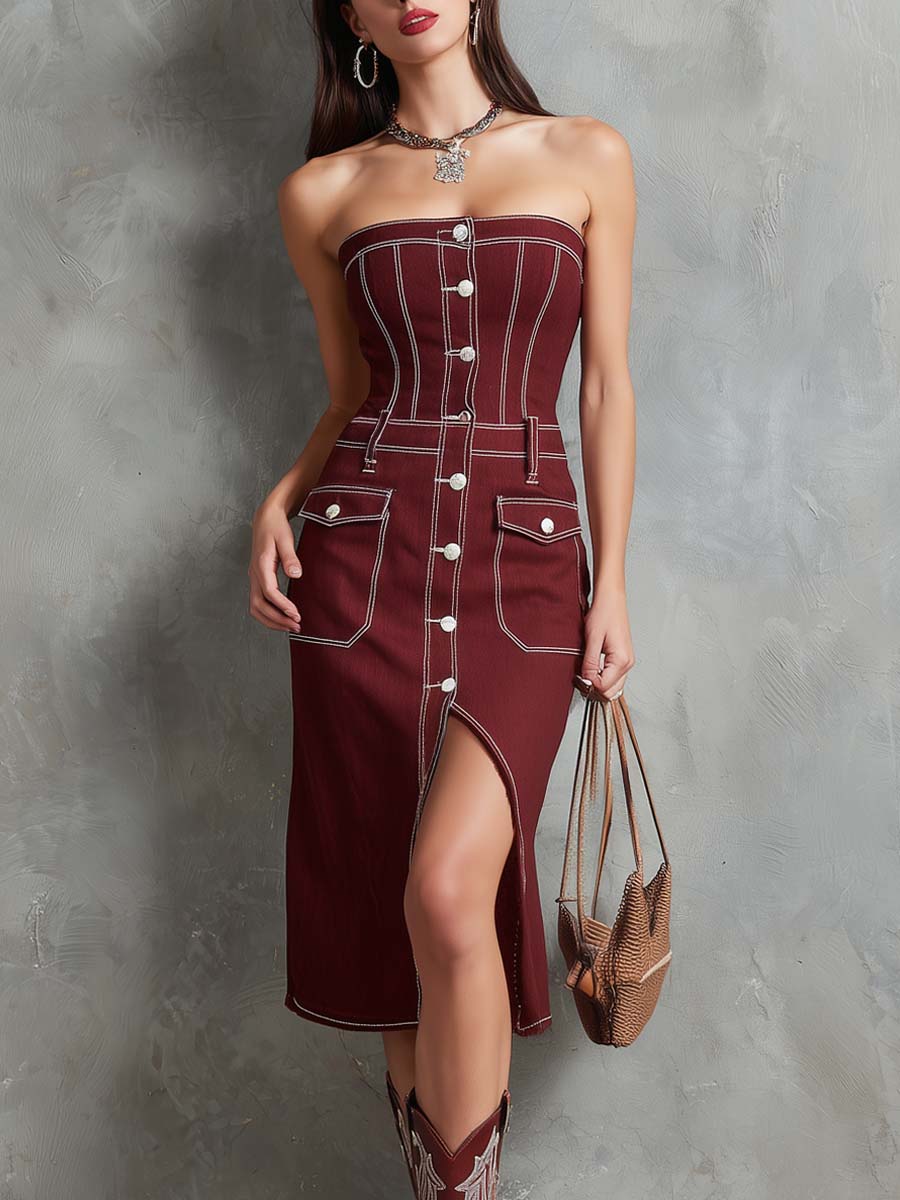 Retro Off-Shoulder Contrast Stitching Midi Dress