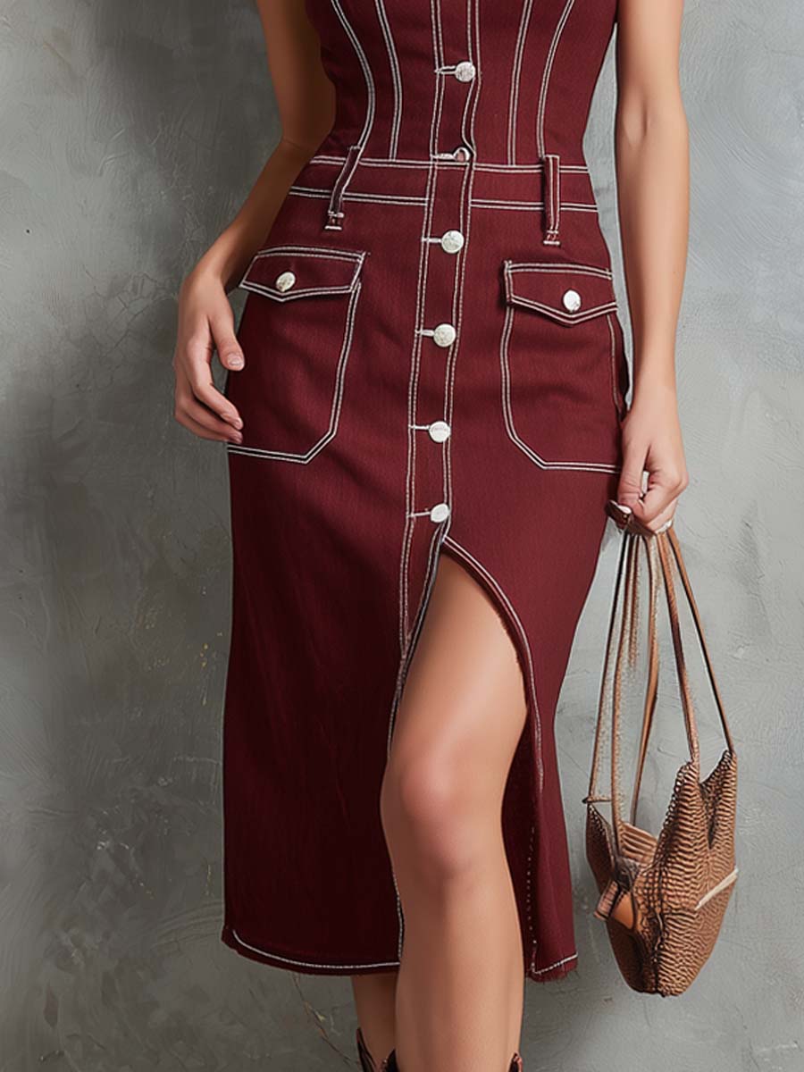 Retro Off-Shoulder Contrast Stitching Midi Dress - Image 2