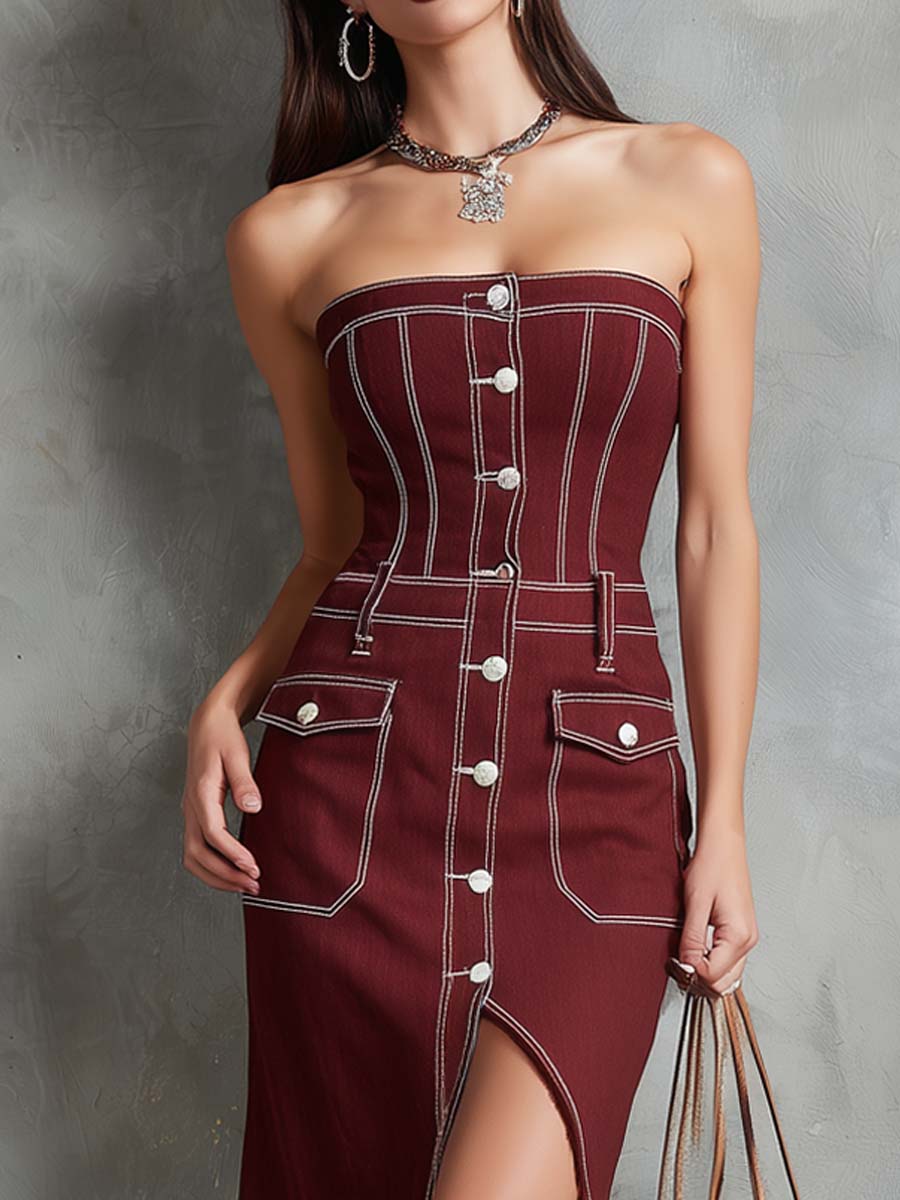 Retro Off-Shoulder Contrast Stitching Midi Dress - Image 3