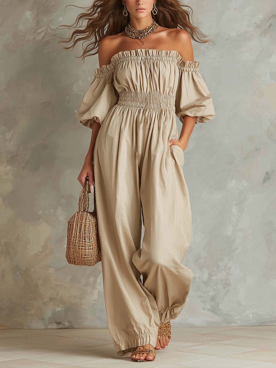 Retro Off-Shoulder Cotton-Linen Jumpsuit