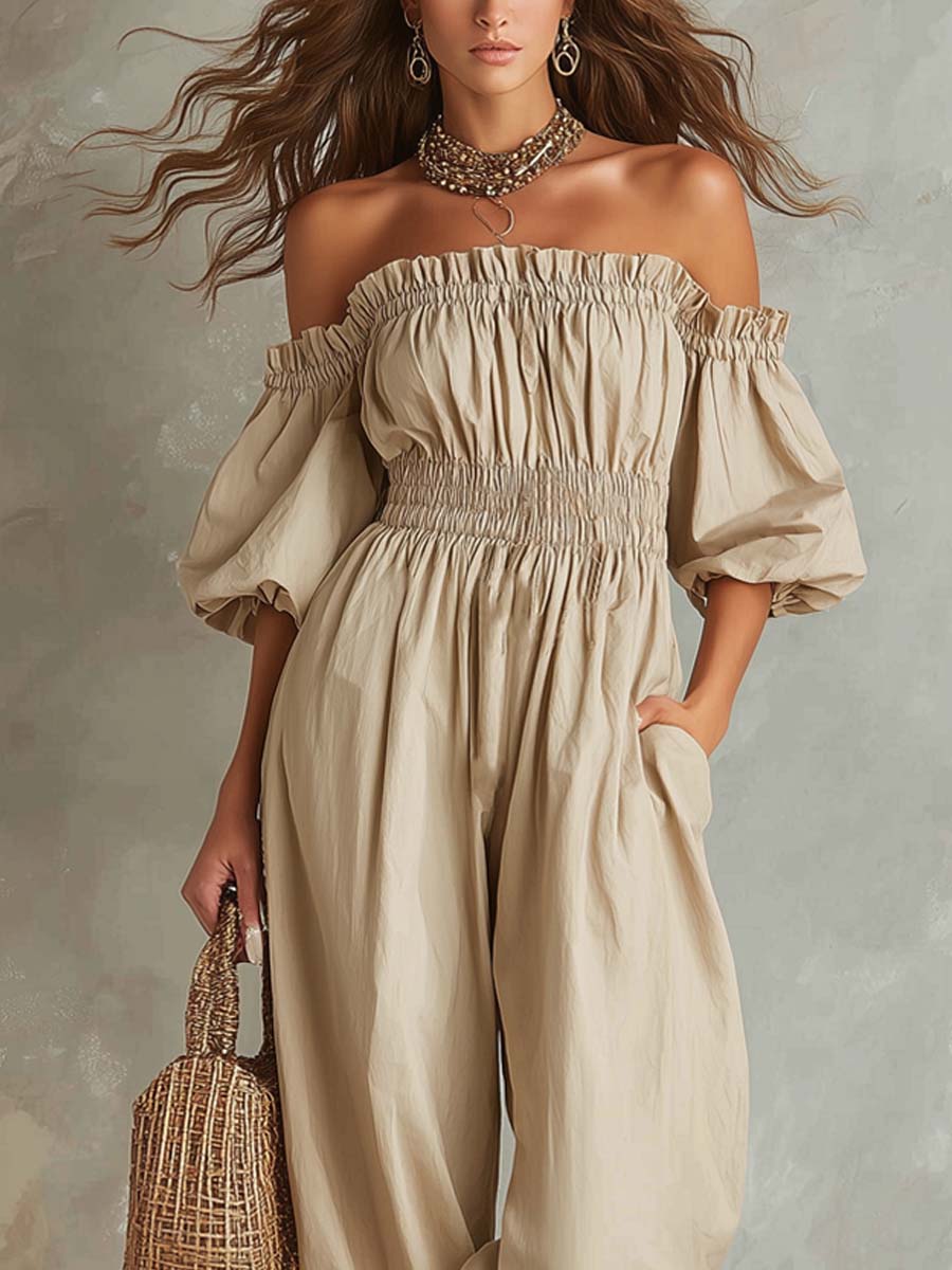 Retro Off-Shoulder Cotton-Linen Jumpsuit - Image 3