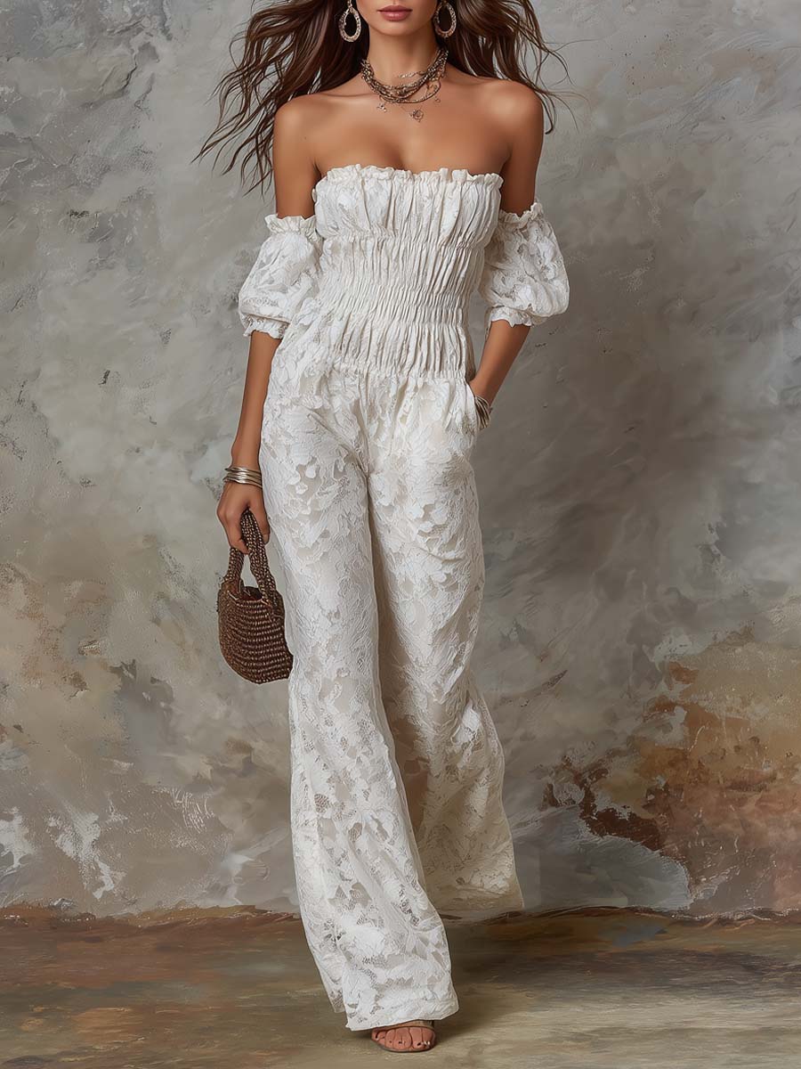 Retro Off-Shoulder Lace Fabric Jumpsuit
