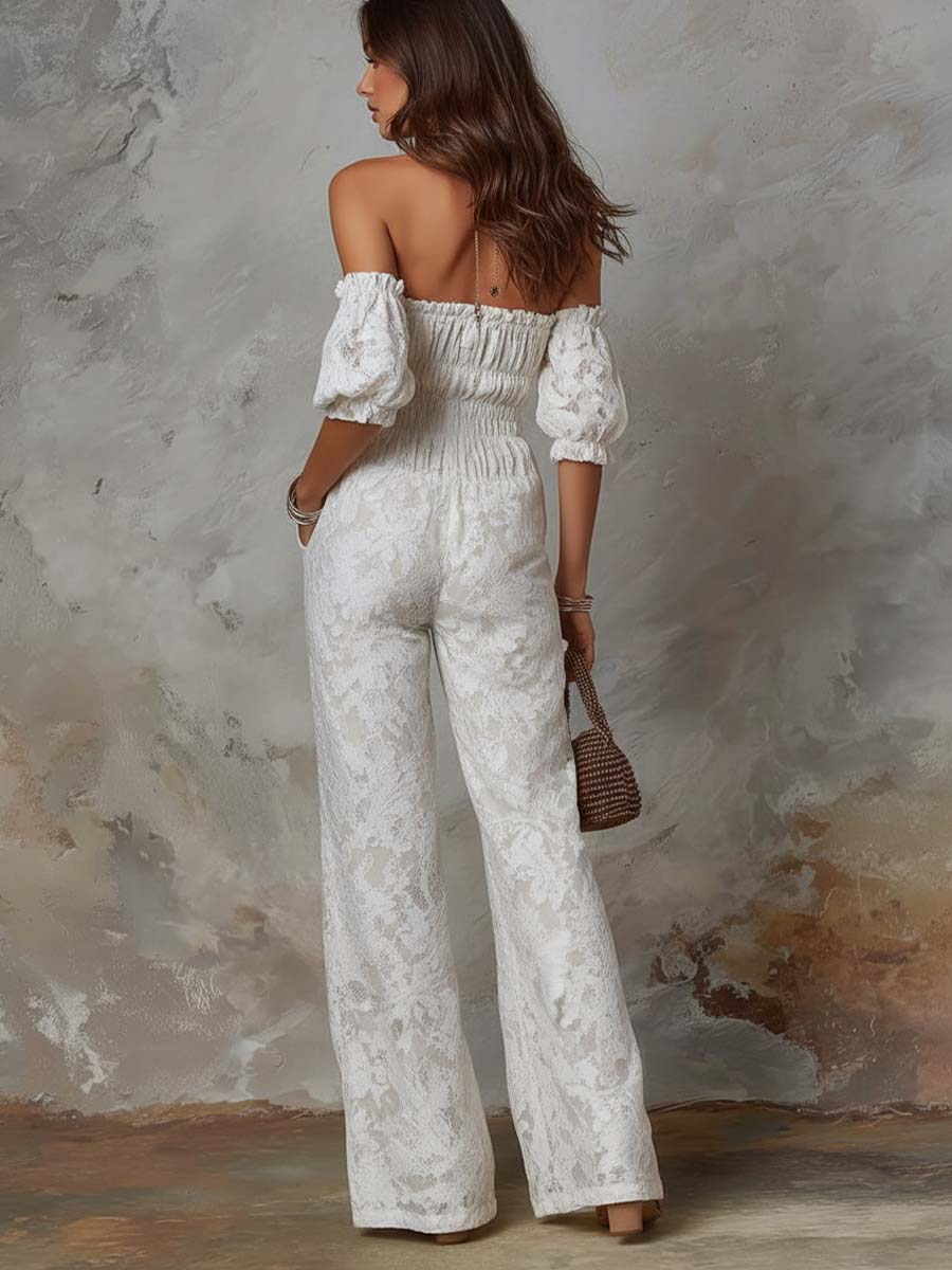 Retro Off-Shoulder Lace Fabric Jumpsuit - Image 2