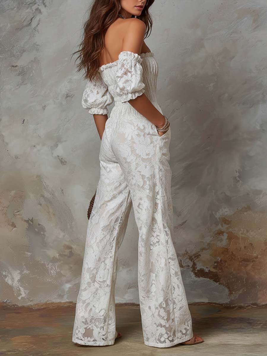 Retro Off-Shoulder Lace Fabric Jumpsuit - Image 3