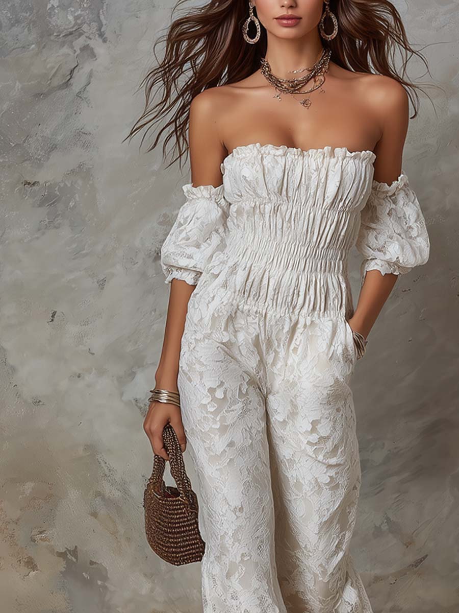 Retro Off-Shoulder Lace Fabric Jumpsuit - Image 4