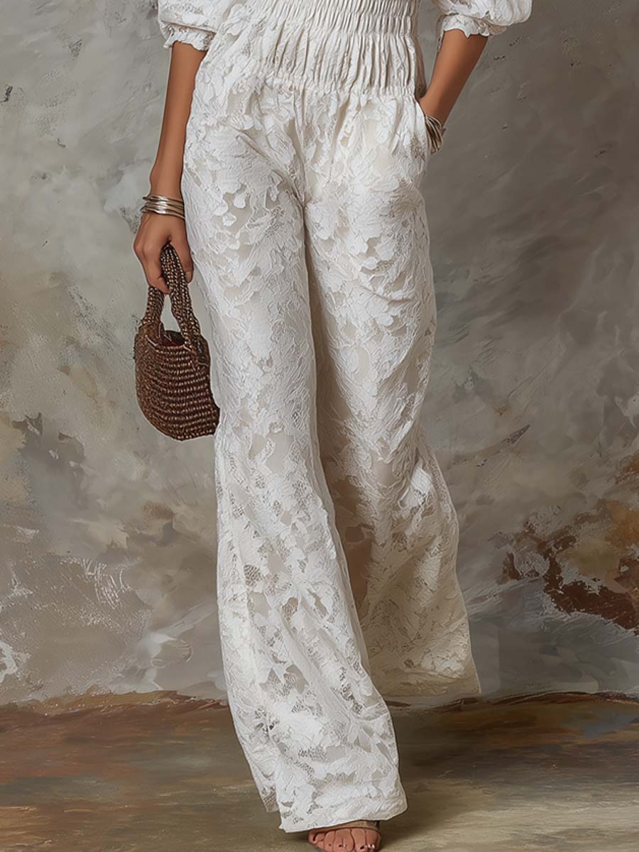 Retro Off-Shoulder Lace Fabric Jumpsuit - Image 5