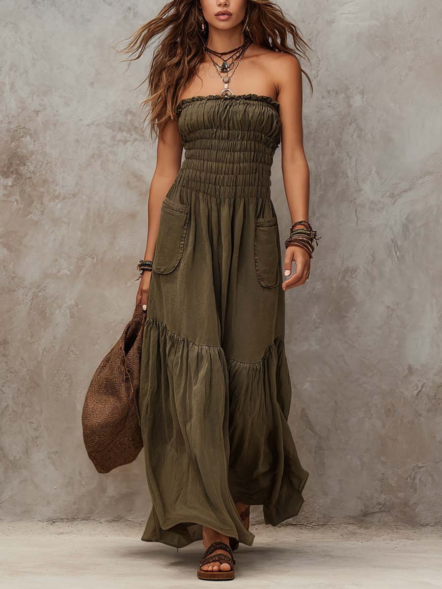 Retro Off-Shoulder Ruched Bust Cotton-Linen Jumpsuit