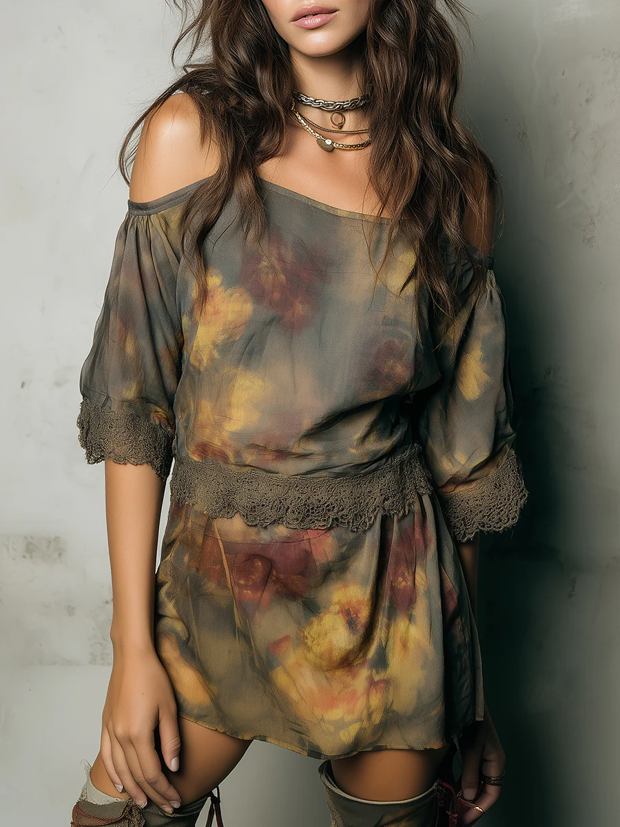 Retro Oil Painting Flower Lace Trim Mini Dress