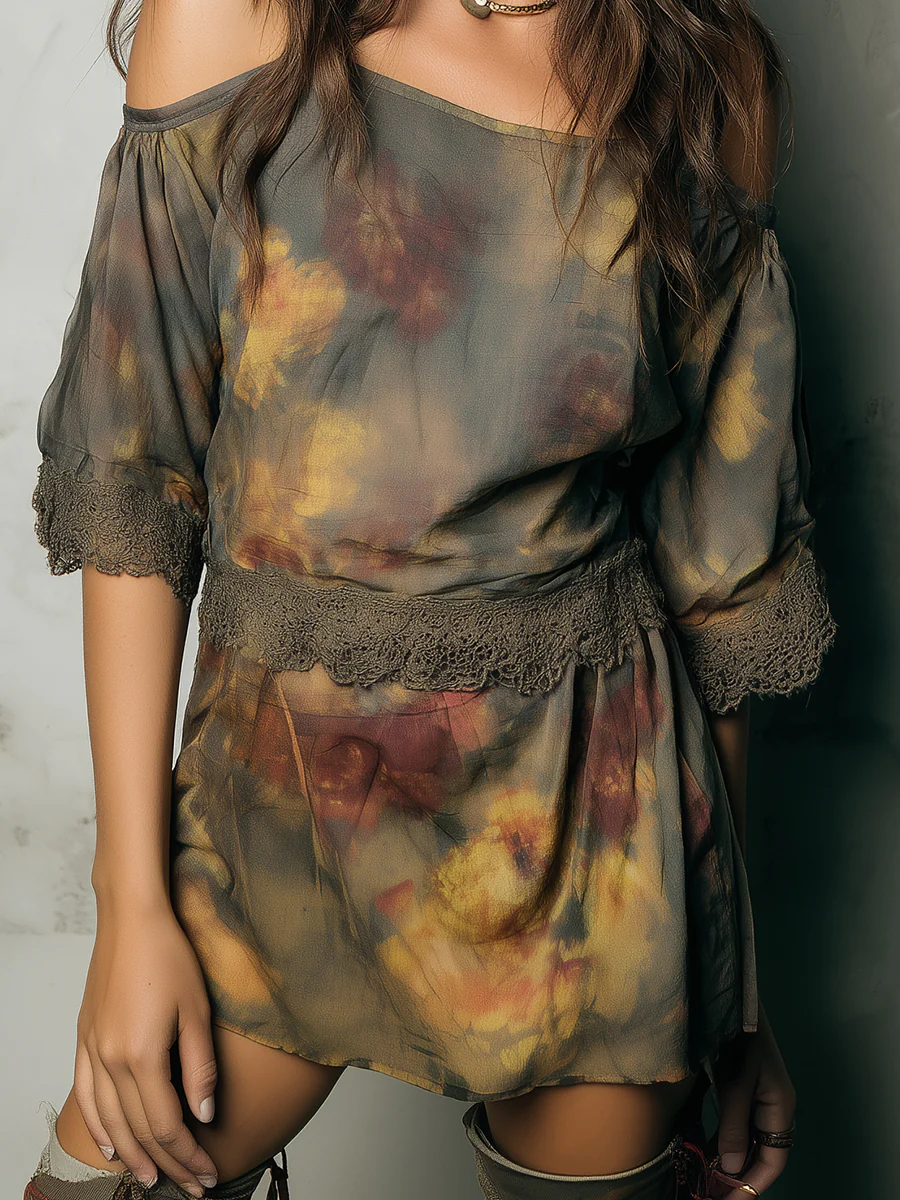 Retro Oil Painting Flower Lace Trim Mini Dress - Image 3