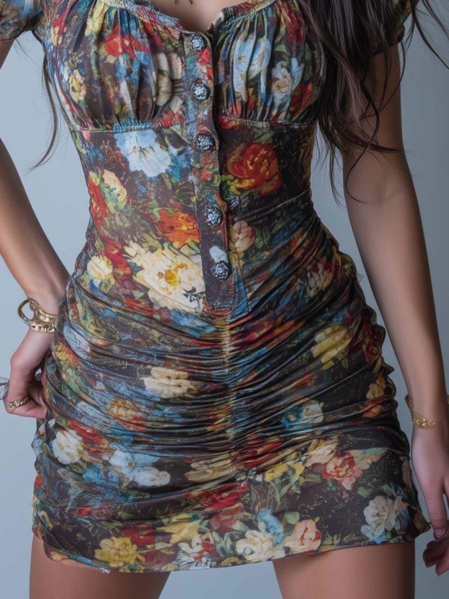 Retro Oil Painting Print Ruched Mini Dress - Image 3