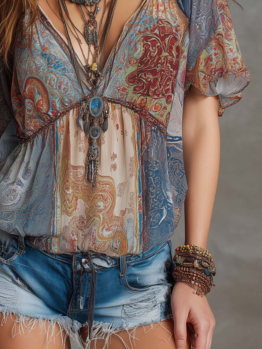 Retro Paisley Patchwork Print Chiffon Blouse - Image 3