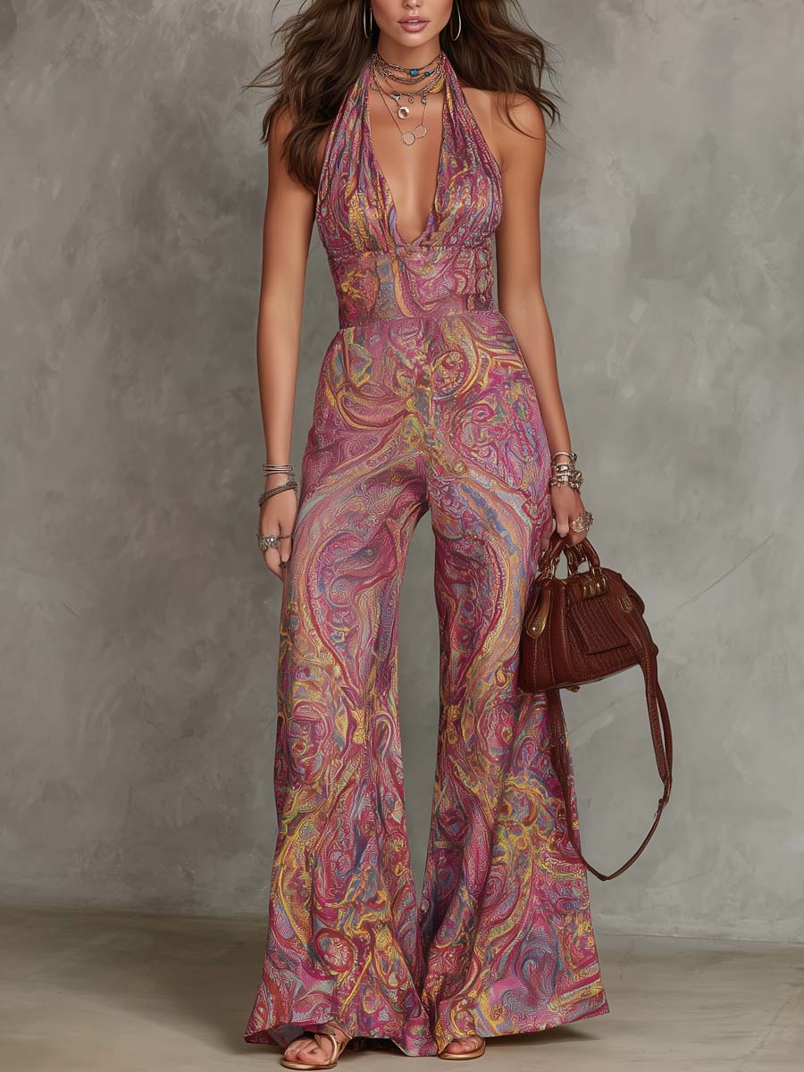 Retro Paisley V-Neck Jumpsuit