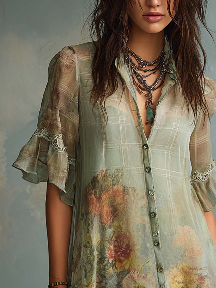 Retro Plaid Mixed Floral Print Chiffon Mini Dress - Image 2