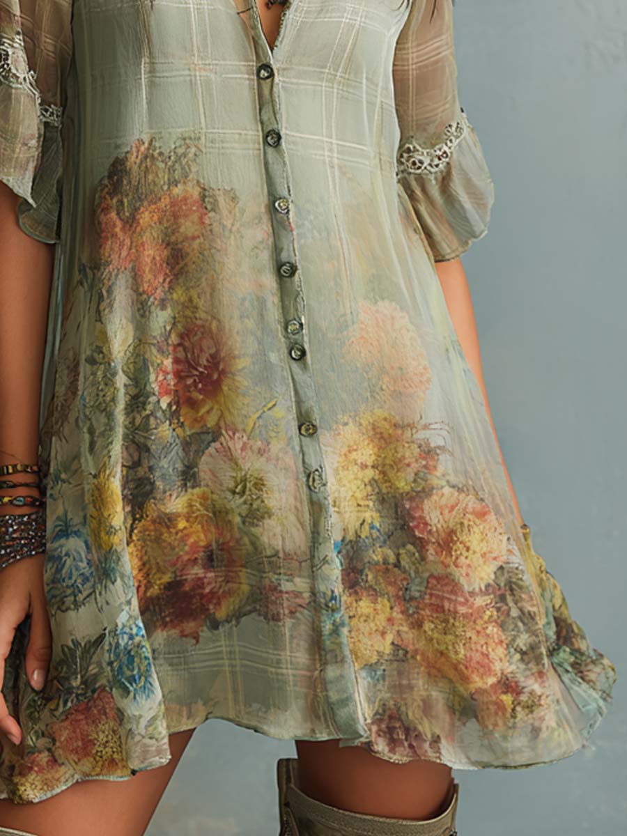 Retro Plaid Mixed Floral Print Chiffon Mini Dress - Image 3