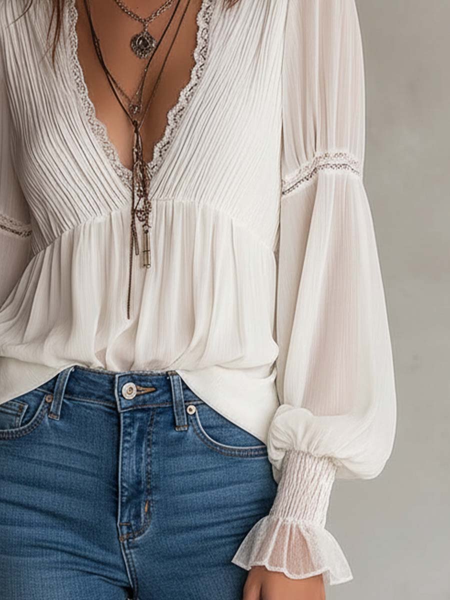 Retro Pleated-Chest Lace Trim Chiffon Blouse - Image 3