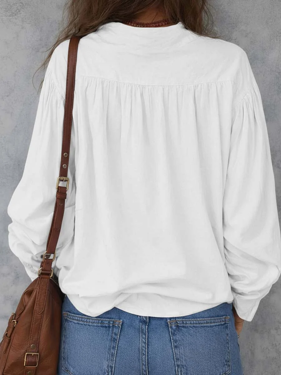 Retro Pleated Shoulder Ruffle Cuffs Blouse - Image 2