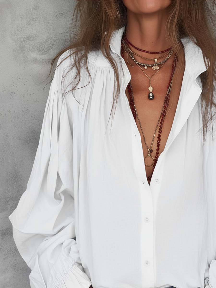 Retro Pleated Shoulder Ruffle Cuffs Blouse - Image 3
