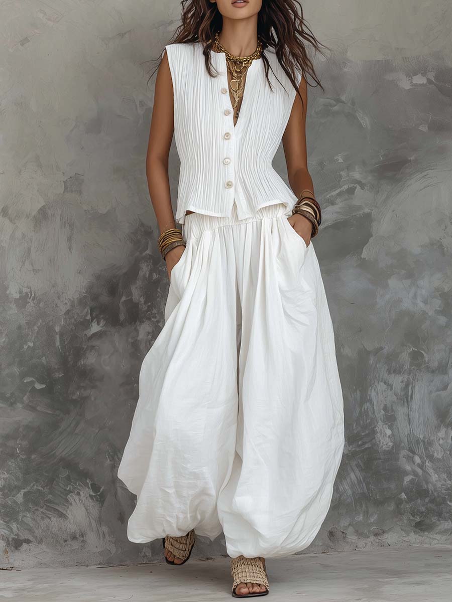 Retro Pleated Vest Cotton-Linen Lantern Pants Two-Piece Set