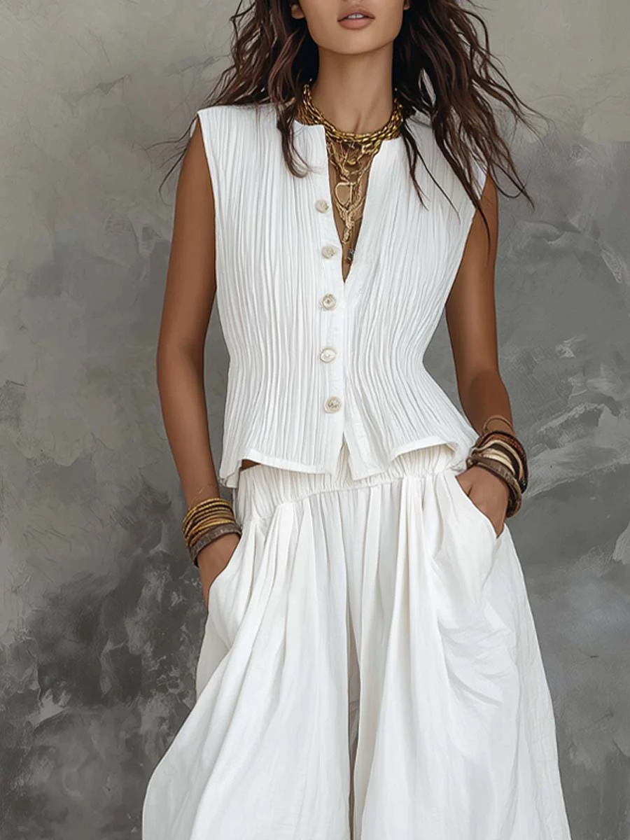 Retro Pleated Vest Cotton-Linen Lantern Pants Two-Piece Set - Image 2